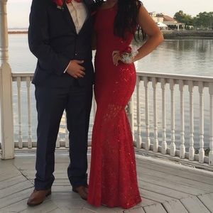 Red lace sparkly open back prom dress